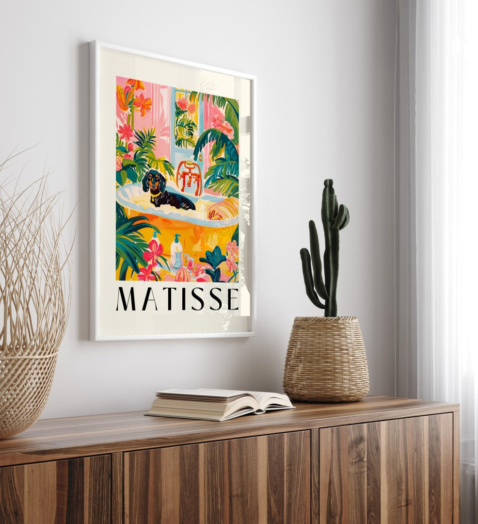 Wall art for bathrooms featuring a dachshund soaking in a tropical tub.