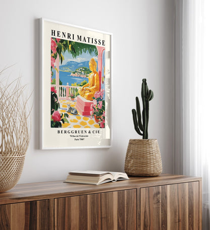 Matisse inspired Buddha statue on seaside terrace colorful art print