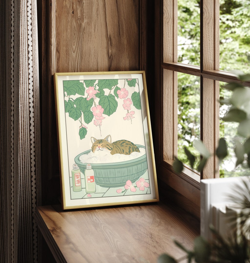 Japanese cat in bath framed wall art