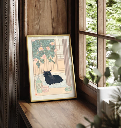 Black cat in Japanese bathroom wall art