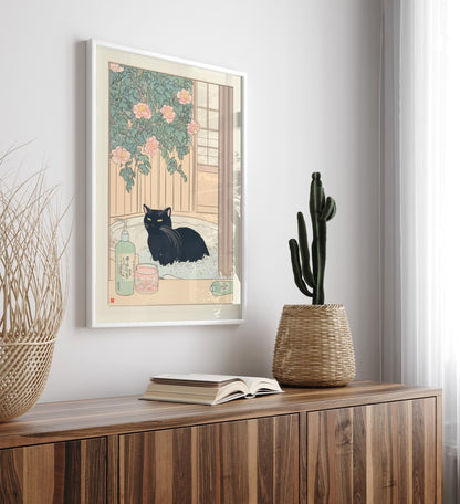 Japanese black cat bathroom print