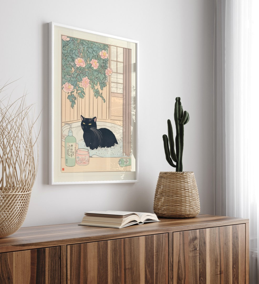 Japanese black cat bathroom print