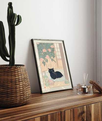 Japanese print showing a black cat in bathtub