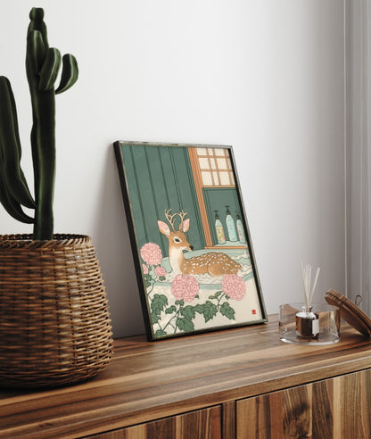 Framed bathroom decor showing a relaxed spotted deer in a tranquil floral soak