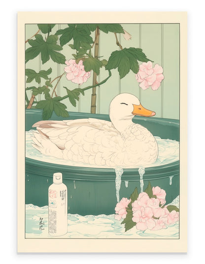 Duck relaxing in a steamy Japanese floral bath with soft greenery and petals