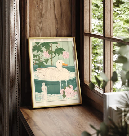 Framed bathroom wall art of a duck soaking in a peaceful flower-filled bath