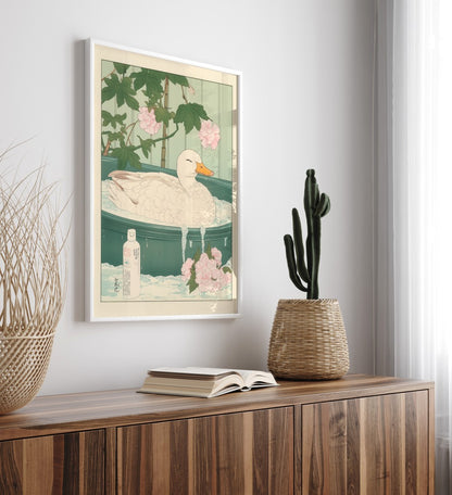 High-quality framed duck bathroom print with soft pastel tones and botanicals
