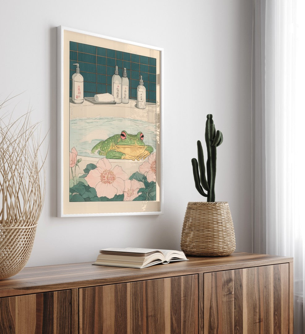 Playful frog soaking in a Japanese bath scene