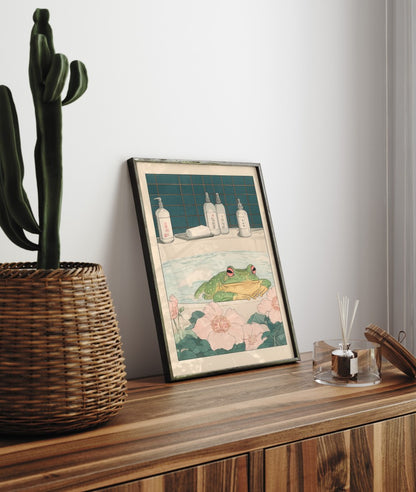 Whimsical frog print in traditional-style illustration
