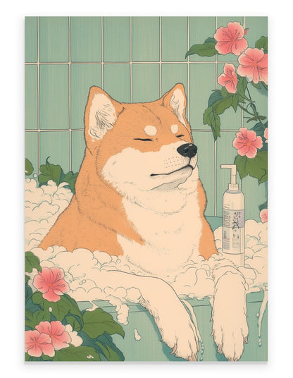 Art print of an Akita Inu relaxing in a foamy bath with hibiscus flowers