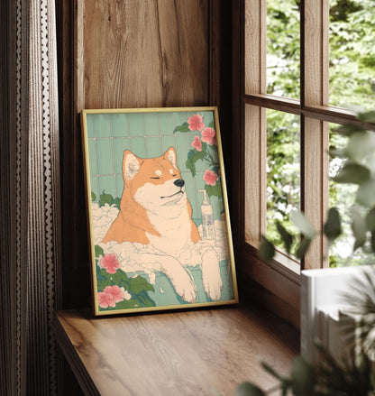 Framed Japanese-style illustration of a calm Akita in a tiled bath scene