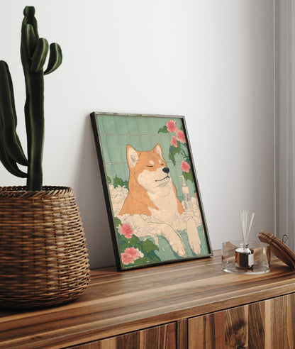 Serene dog soaking in a bath with floral accents – Japanese-style wall art