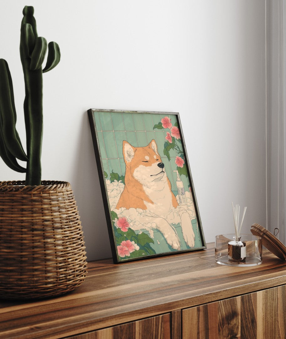 Serene dog soaking in a bath with floral accents – Japanese-style wall art