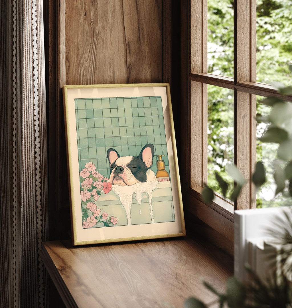 Framed Japanese-style illustration of a Boston Terrier soaking peacefully in a tiled tub