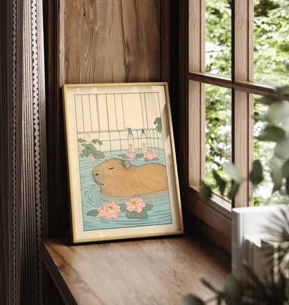 Framed art print of a calm capybara relaxing in a floral Japanese bath, ideal for bathroom decor