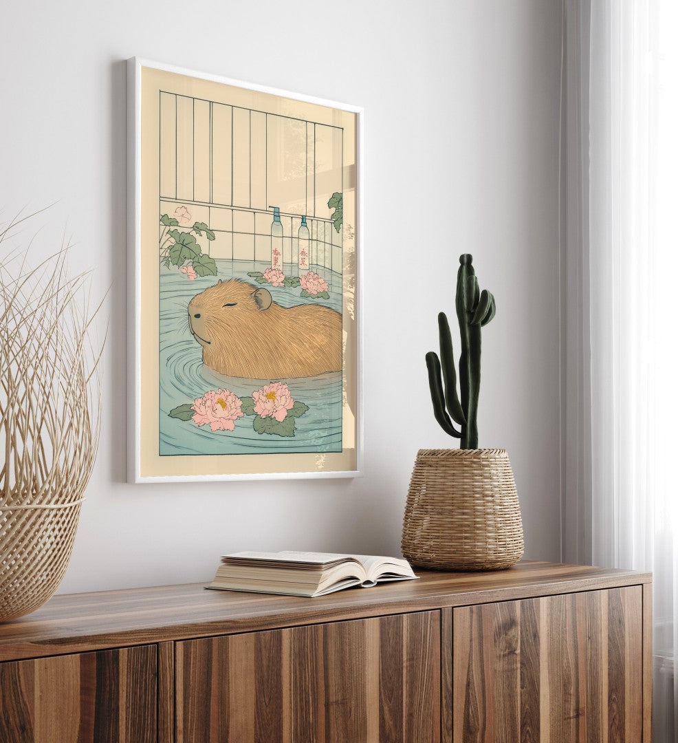 Tranquil capybara soaking in a tiled bath surrounded by soft pink peony blossoms – framed wall print