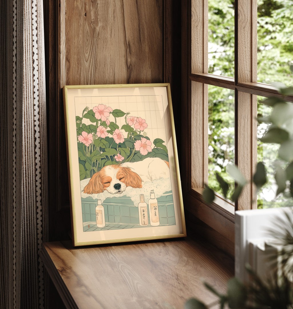 Framed Japanese-style illustration of a spaniel resting in a foamy tub with blossoms