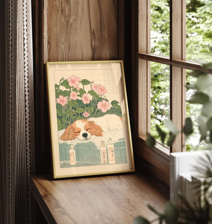 Framed Japanese-style illustration of a spaniel resting in a foamy tub with blossoms