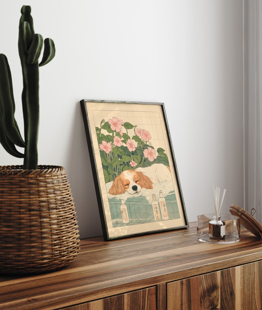 Sleeping dog in bubble bath surrounded by soap bottles and flowers – traditional Japanese-style art