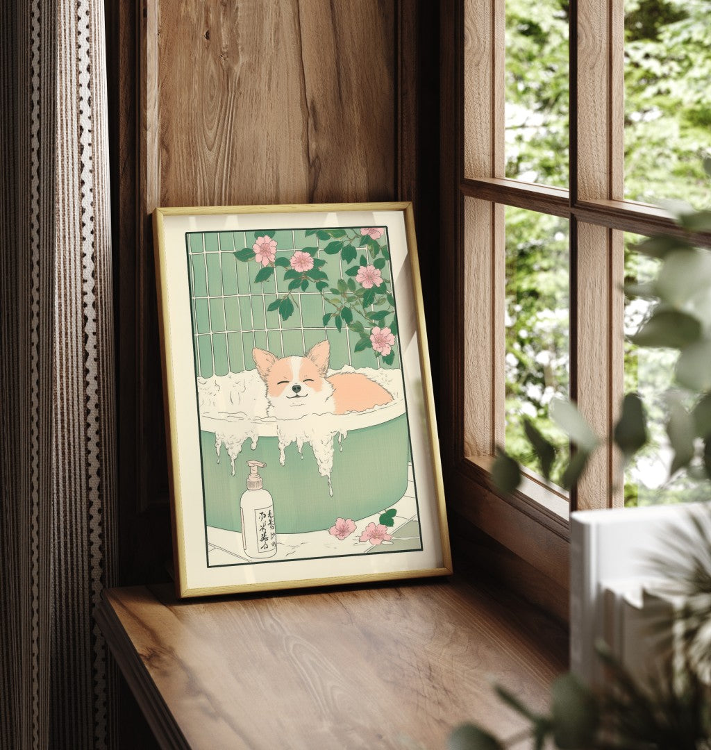 Framed Japanese-style illustration of a Chihuahua soaking in a green tub with pink blooms