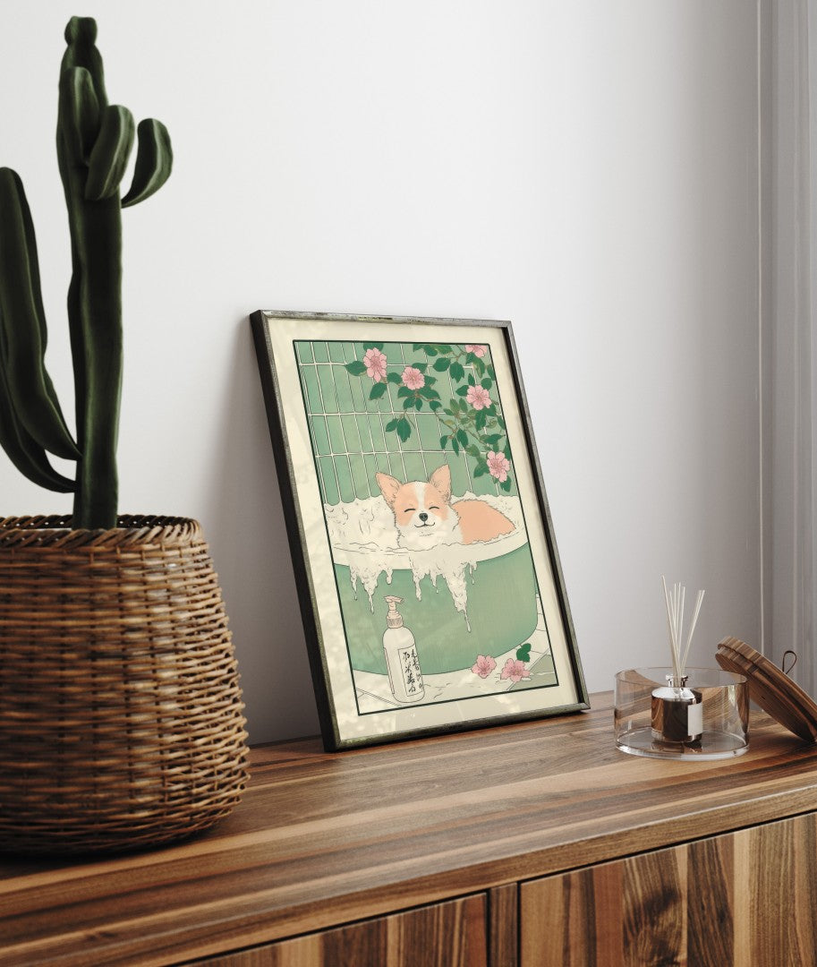 Serene Chihuahua bath scene with floral detail – traditional Japanese bathroom print