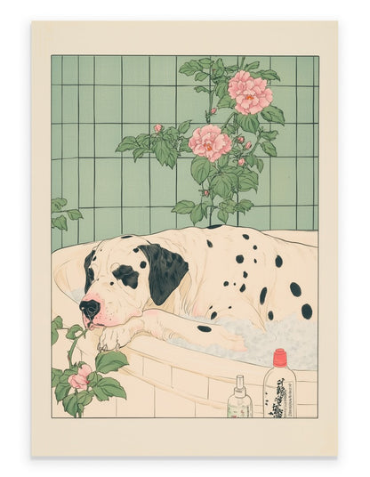 Art print of a Great Dane resting in a bubble bath with soft pink flowers