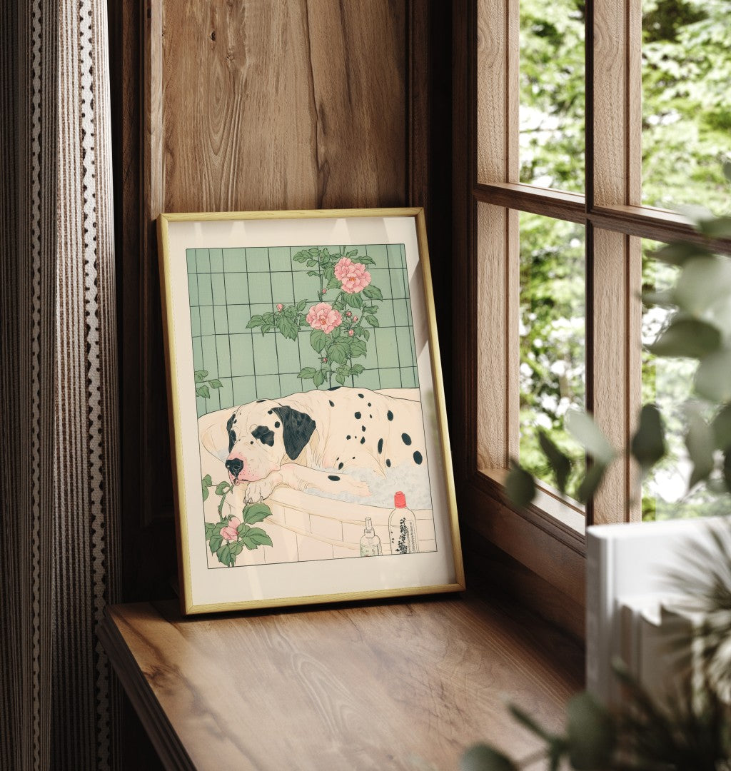 Framed Japanese-style illustration of a Great Dane in a tiled tub with floral accents