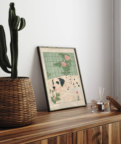 Spotted dog soaking peacefully in a floral bath – traditional Japanese-style artwork