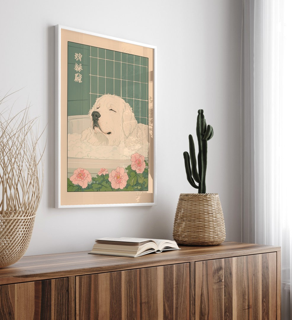 Peaceful Great Pyrenees bath scene with foamy water and floral accents – Japanese wall art