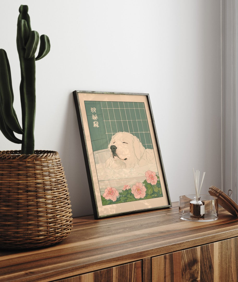 Large white dog soaking calmly in a floral tub – traditional Japanese bathroom print