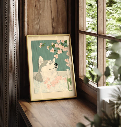Japanese-style print of a husky in a bath surrounded by cherry blossoms
