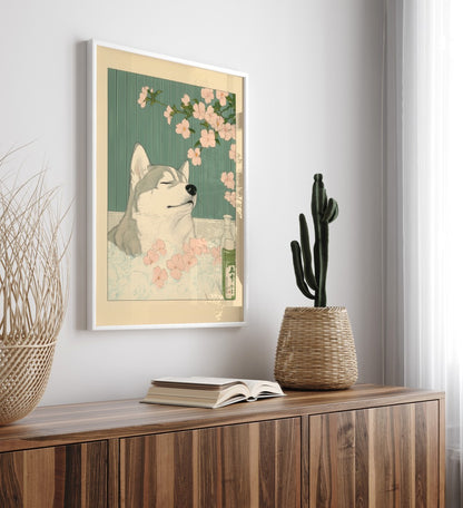 Illustration of a serene husky soaking in bubbles with floral accents – bathroom wall art