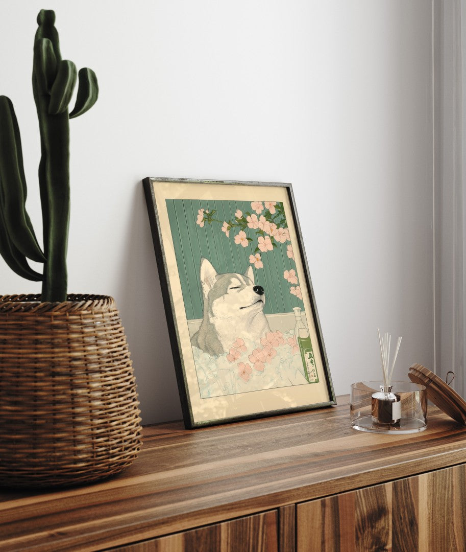 Tranquil husky in a bathhouse setting with green paneling and sakura flowers