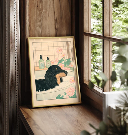 Long-haired dachshund in bubble bath with tiled wall and blossoms – bathroom print