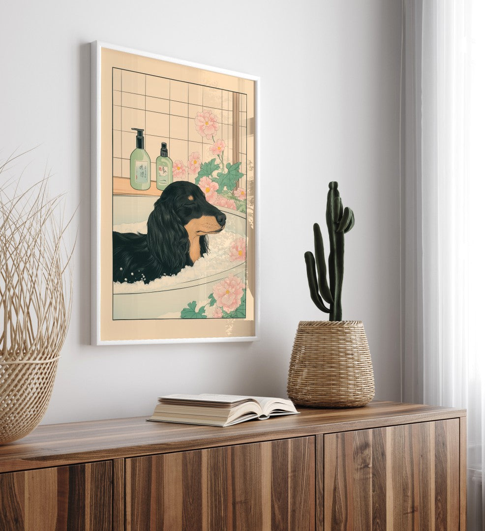 Dog relaxing in foamy bath with flowers – wall art for bathroom