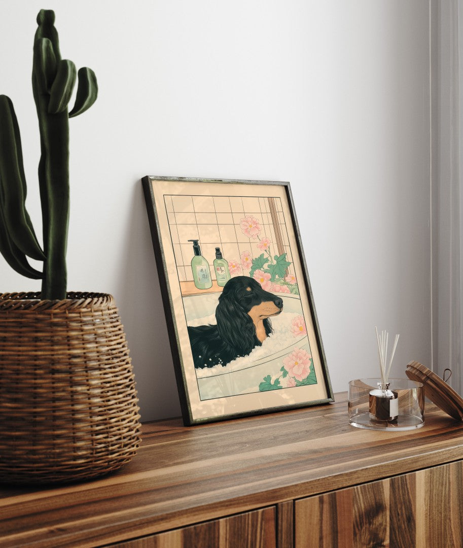 Japanese bath scene with dachshund and soft floral surroundings