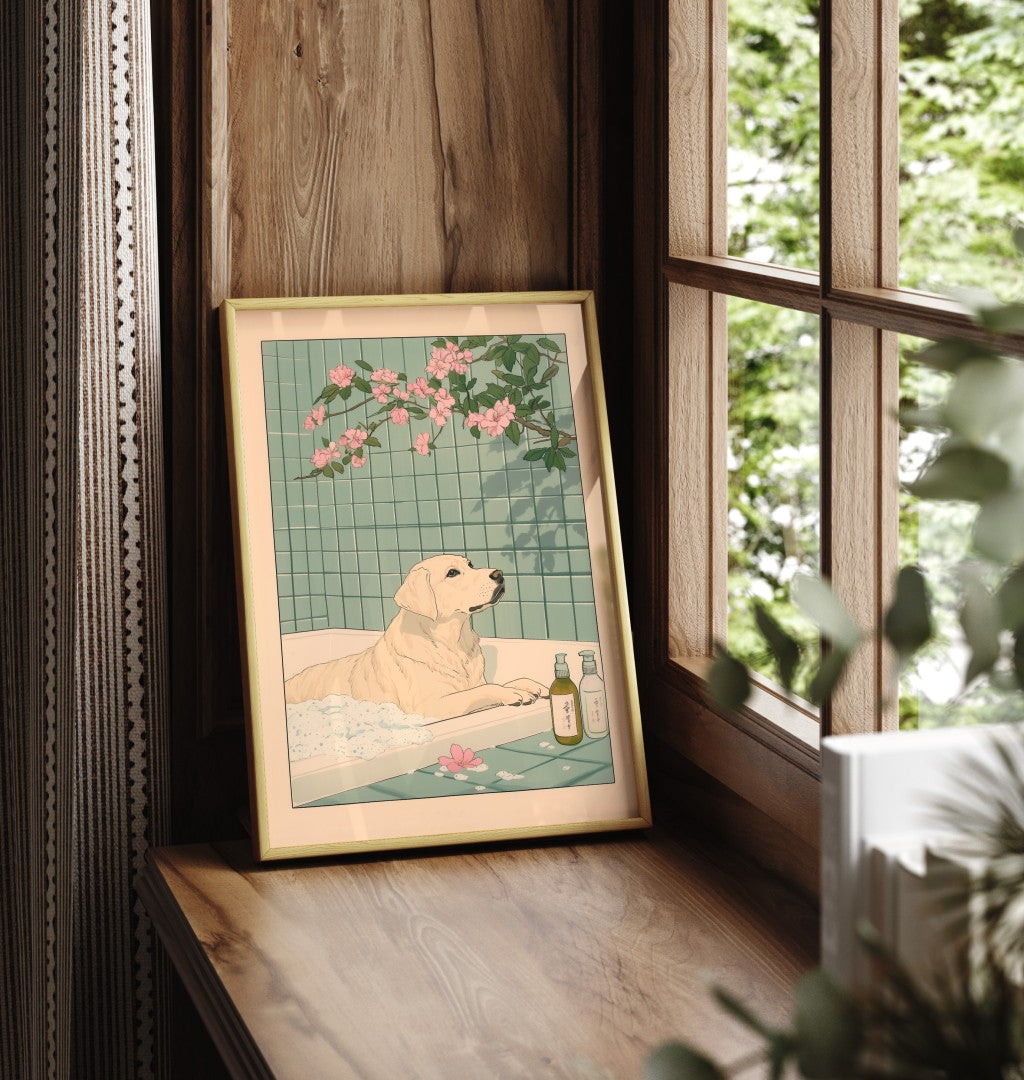 Dog in bubble bath with cherry blossoms and green tiles – bathroom wall art