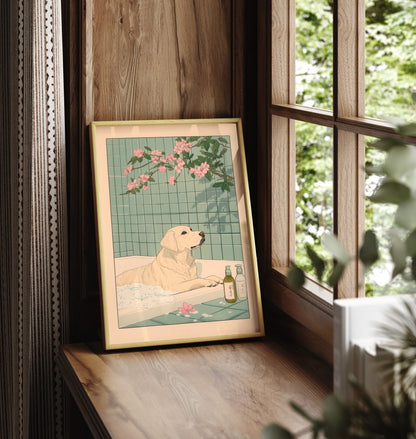 Dog in bubble bath with cherry blossoms and green tiles – bathroom wall art