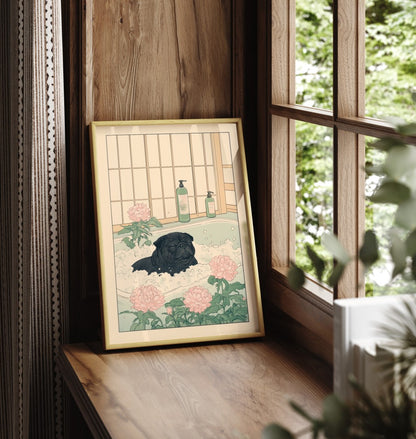 Framed art print of a black pug relaxing in a bubble bath