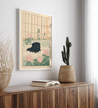 Framed art print with pug in foam bath and pink flowers – Japanese style
