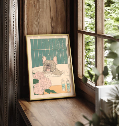 Framed art print of Frenchie soaking in bath with soap bottles