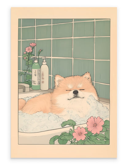 Japanese-style art print of a relaxed Pomeranian in a tiled bath with flowers