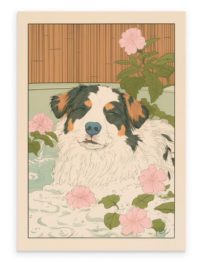 Japanese-style art print of an Australian Shepherd dog relaxing in a bath with bubbles and flowers