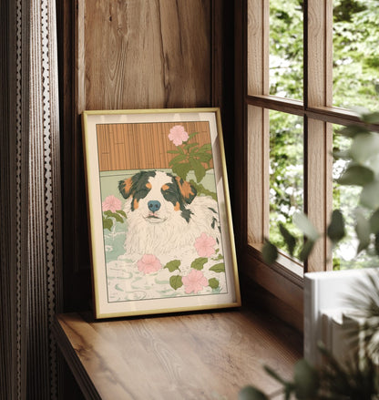 Framed art print of a calm Australian Shepherd in a Japanese bathtub, perfect for bathroom walls