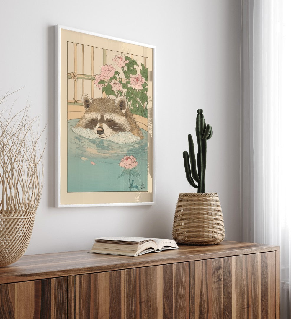 Relaxed raccoon enjoying a serene bath in a tub, illustrated in a Japanese aesthetic with blooming flowers