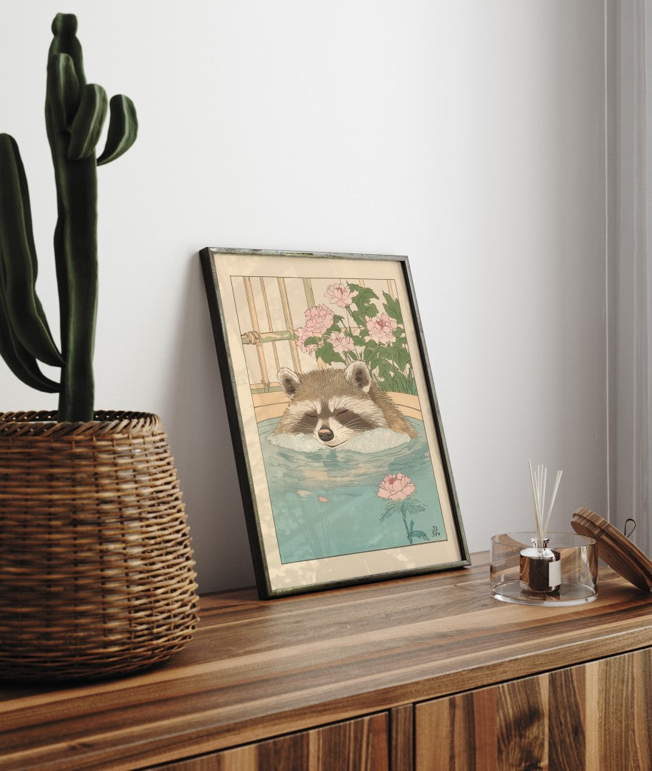 Framed wall art of a raccoon taking a tranquil bath among soft petals—perfect for bathroom decor