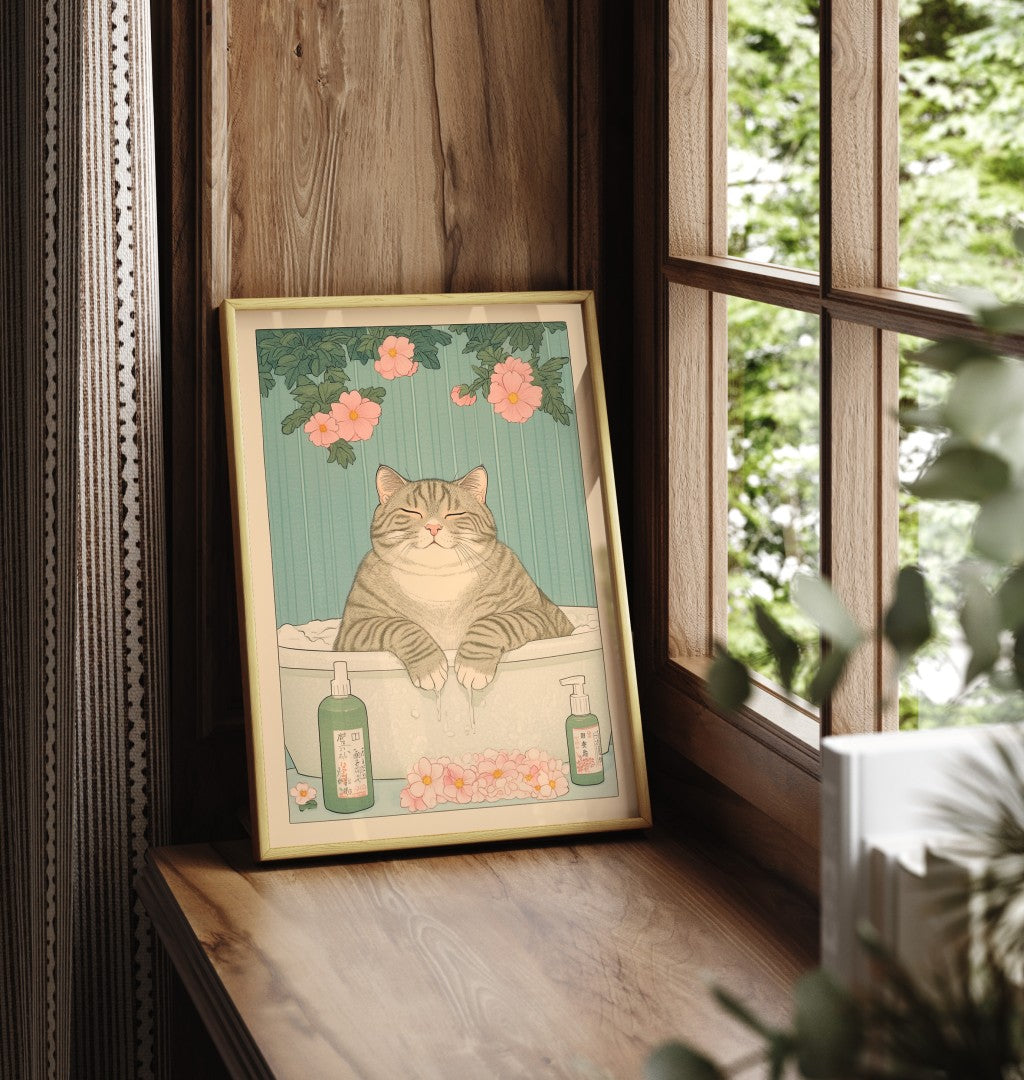 Funny framed artwork of a cat enjoying a serene bath time