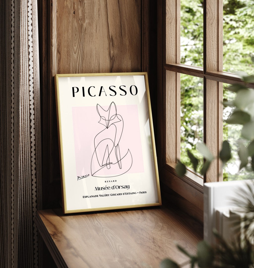 Framed Picasso fox line drawing wall art for modern interiors