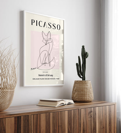 Minimalist fox line art poster in Picasso style, framed