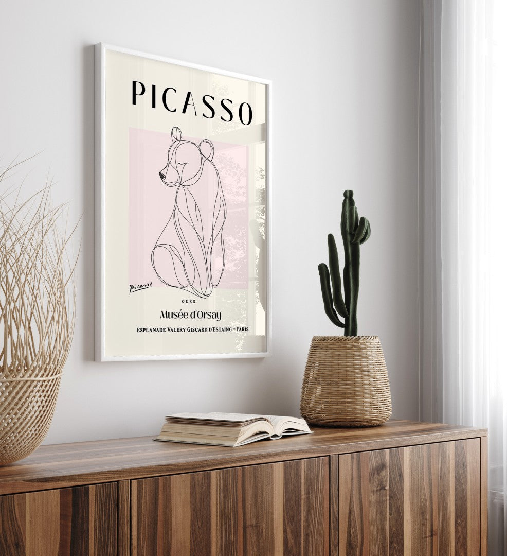 Minimalist bear line art poster in Picasso style, framed